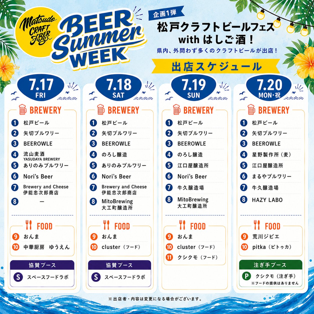 【ビール祭り2026】7/17(金)~26(日)松戸駅西口で「松戸クラフトビールフェス BEER SUMMER WEEK」が開催、日替わりのビールとフードも/出店リスト昼