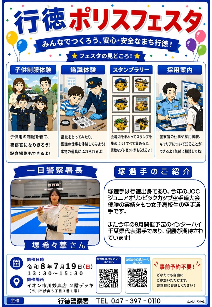 【市川市】7/19(日)イオン市川妙典店で「行徳ポリスフェスタ」が開催、子供制服・鑑識体験やスタンプラリーも