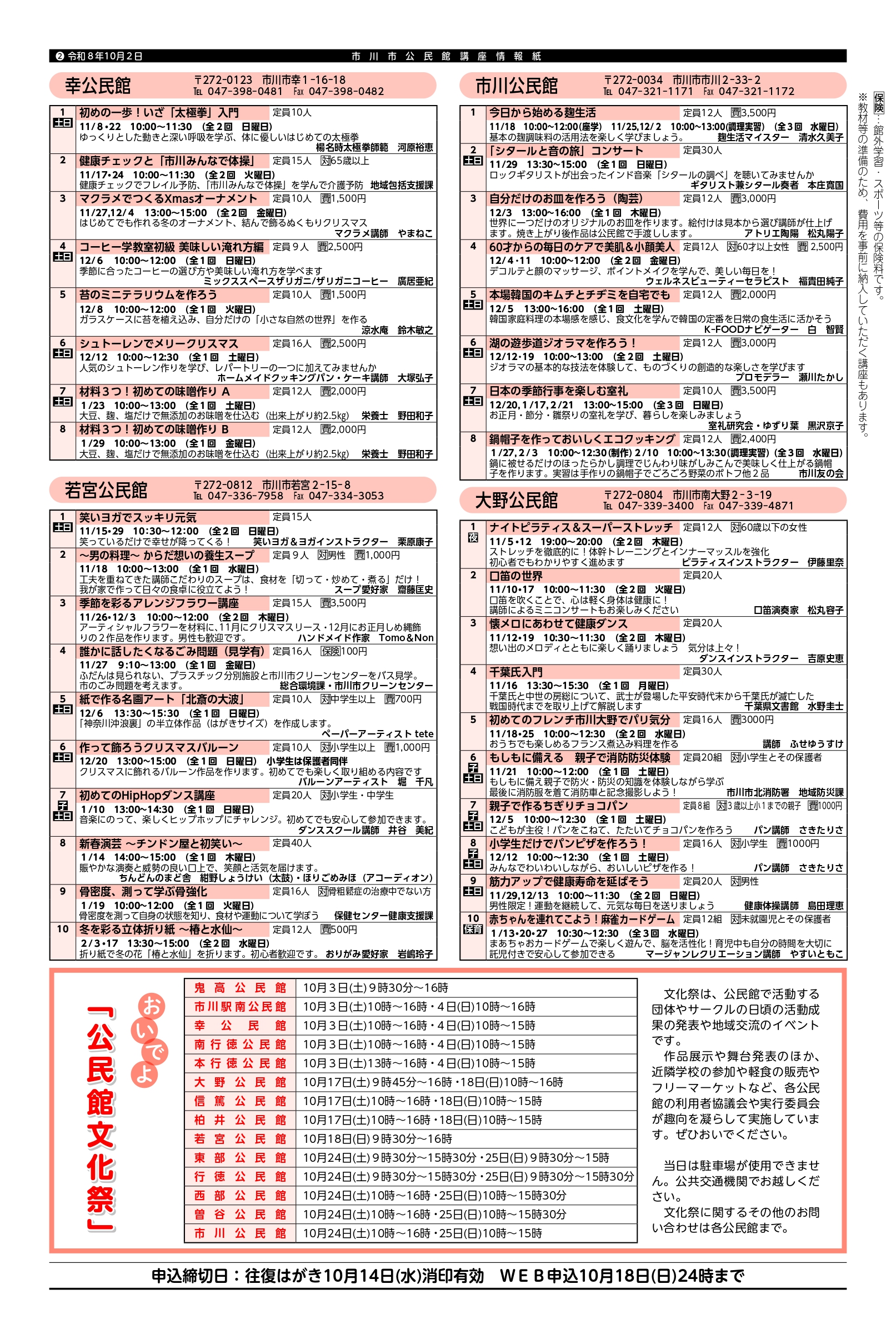 【市川市】秋・冬の公民館講座が受講者募集中！市内15館で118講座、Web申込は10/18（日）まで